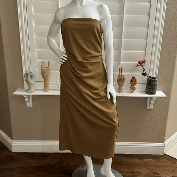 BHLDN Hayden Strapless Stretch Crepe Midi Dress Tan - Picture 1 of 11
